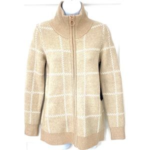 NEW Rachel Zoe Wool Blend Tan Windowpane Zip Up Mock Neck Knit Cardigan Sweater